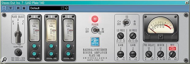 When using send effects, make sure that the effect is set to 100 percent wet. Some plug-ins, such as the UAD1 Plate 140 reverb, have this setting as a default, but not all do, so remember to check — otherwise when you send a signal to the effect, that signal will not just get the reverb, it will become louder, ruining the balance of your mix.