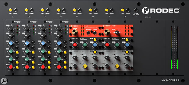While Rodec aren’t the first console manufacturer to support the 500‑series modular format, their innovative 100‑series format offers something different from the norm: as pictured here, the horizontal stereo 100‑series modules sit within dual 500‑series slots, to form a modular stereo signal chain.