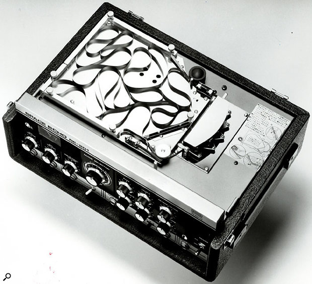 The heart of an echo — an RE201 seen from above with the cover removed, revealing the tape and associated control circuitry.