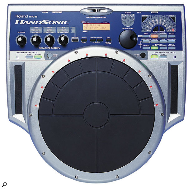 The superb HPD15 Handsonic percussion controller — a pad controller, drum sound module, and drum sequencer in one box. Can there be any 'air drummers' who don't want one of these?