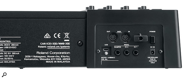 The A-88 MkII's rear panel features MIDI I/O sockets, a USB port and three quarter-inch inputs for expression pedals.