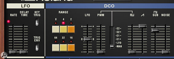 Juno 60 soft synth's LFO and DCO controls.