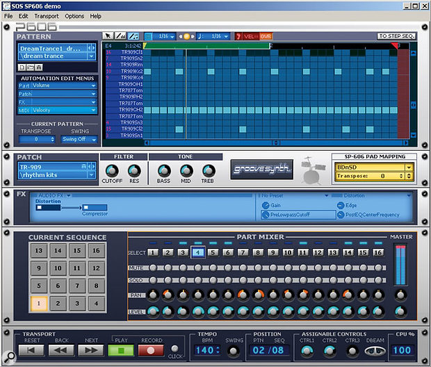 P606's single sequencing window, showing a drum part. Everything happens here, though the note display can be swapped between the real-time 'advanced editor' display, shown here, and the step-sequencing display.