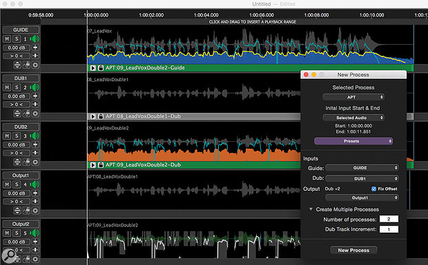 Using the Create Multiple Processes section of the dialogue to align two vocal doubles to the main lead part simultaneously.