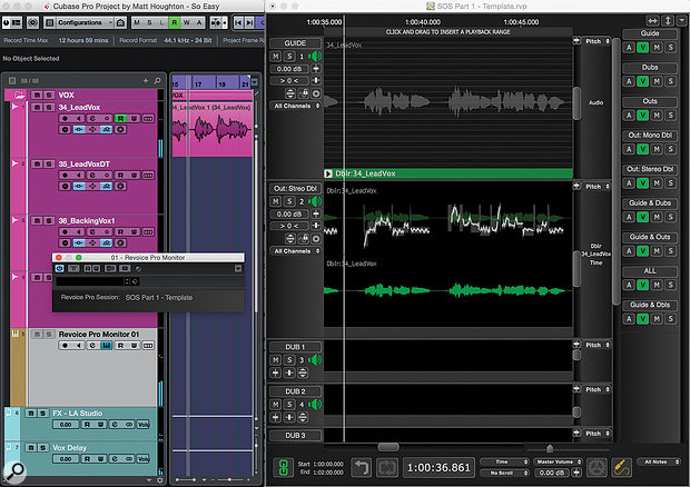 Here, Revoice Pro is sync’ed to Cubase via the unassuming-looking Revoice Pro Monitor plug-in, which acts as both a  transport link and a  virtual instrument, playing RP’s stereo mix on the brown/grey channel.