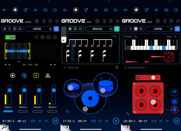 Songzap’s Groove options let you build your song ideas through a combination of audio loops (which can be recorded directly, or imported) and virtual instrument parts that can be fully customised for each song section within your arrangement.