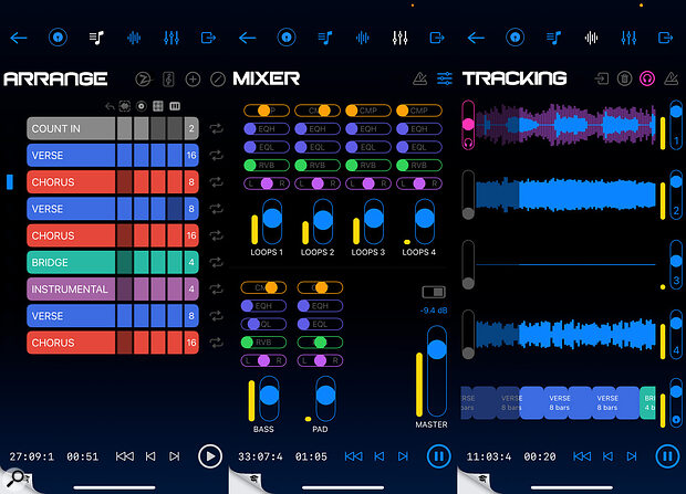 There are also dedicated pages where song structures can be created and edited, basic mix moves can be performed, and of course, new tracks can be recorded — the last of those is where you’ll find control over the new headphone‑free recording feature.