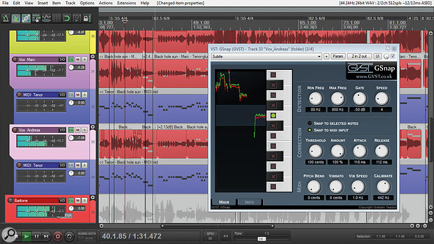 Mike used the choir’s own MIDI guide parts to control instances of GVST’s GSnap plug‑in on each overdubbed track, improving the reliability and naturalness of the automatic tuning correction.