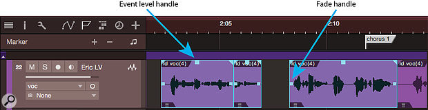 Screen 2: Event-level automation. Dragging the event level handle sets a level for the whole event. This can be used to automate levels to a reasonably fine granularity. This lead vocal line has been broken into three short phrases, one of them barely a word long. The levels of the selected events are, from left to right, 6.2dB, 8.2dB and 9.5dB.