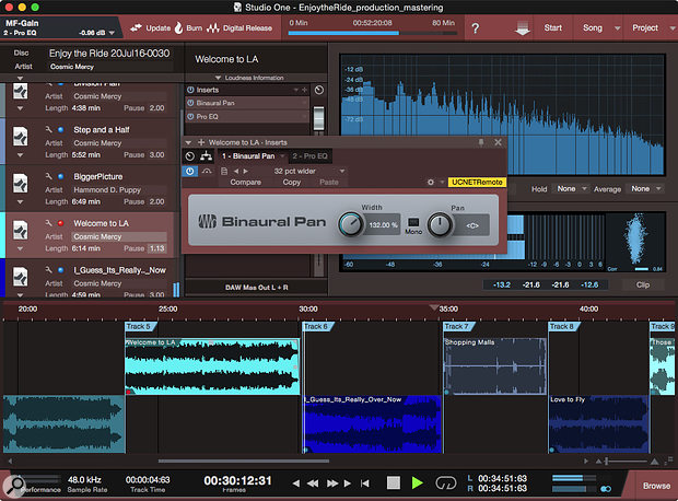 The Project page can be used as a laboratory in which an album can be refined by matching songs to references. Here, ‘Welcome To LA’ is being widened to work best with the stereo width of other tracks. Note that EQ has also been applied to this track. The image widening created here with the Mid-Sides-based Binaural Pan plug-in may end up getting replaced in the mix by panning or image widening of individual instruments. 