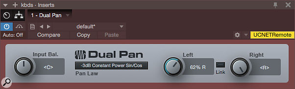 Screen 4: The Dual Pan plug-in enables us to pan stereo signals without the loss of channel information that happens using the channel pan control (which is a stereo balance control). The pan position knobs can be mapped to a physical knob using Control Link.