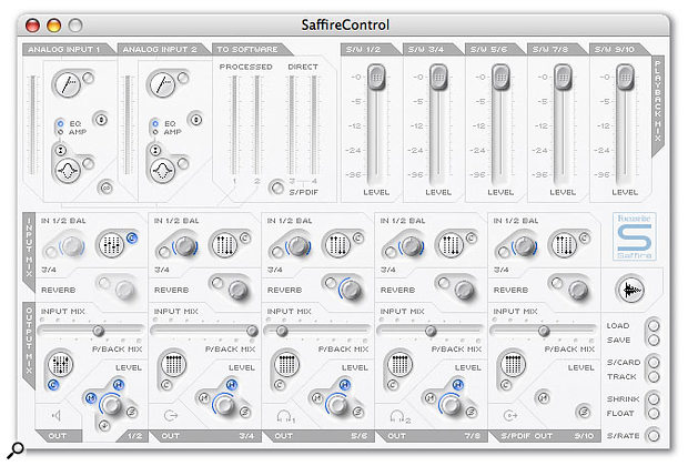 The Saffire Control utility allows you to submix the outputs from your recording application for monitoring, and to set up the plug-ins running on the Saffire's DSP.