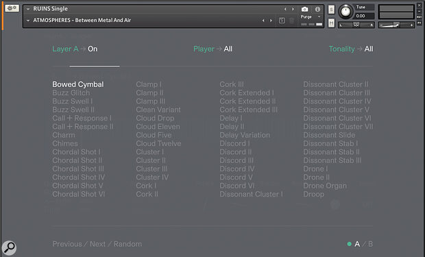 Browse the vast library of sounds by Player or Tonality for each of the two independent layers.