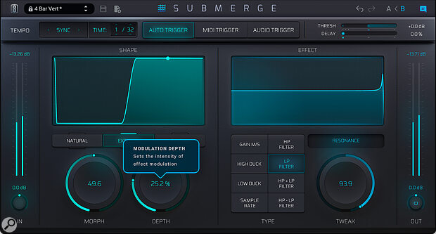 Using the Extreme Shape with a low Depth setting, sync’ed to 1/32, to inject some movement into a pad with a resonant low‑pass filter.
