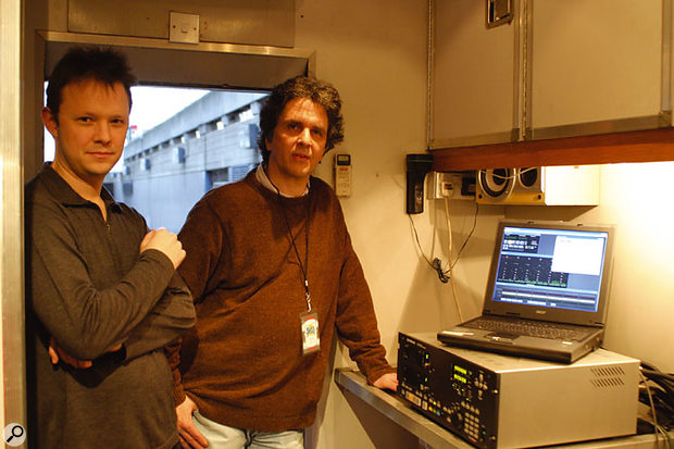 Engineer Mark Linett (right) and Genex operator Simon Burgess in the mobile recording truck outside the Royal Festival Hall, London, February 21st 2004, preparing to record the second night of sold-out live SMiLE performances. The Genex GX9048 hard disk recorder on the right was used to make all the 48-track live recordings, which are destined for use on a SMiLE documentary, to be screened in late 2004.