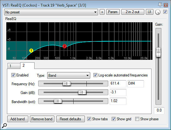 The reverb was then EQ’d with Cockos ReaEQ to avoid undesirable tonal coloration.