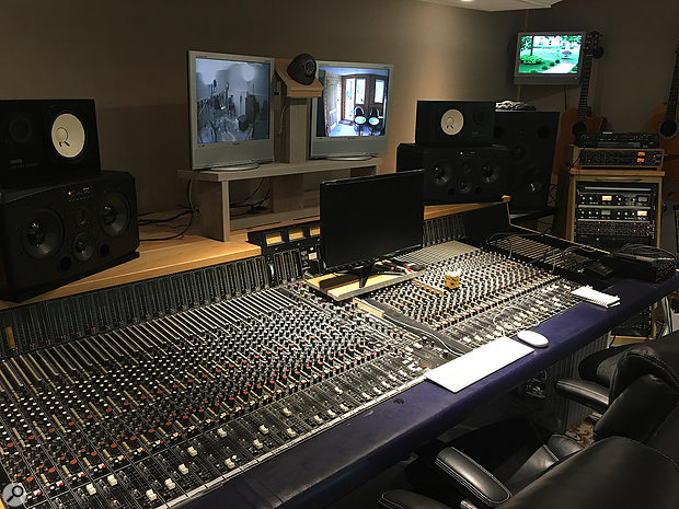 The Harrison console in Francis Rossi's home studio, with some of the other gear mentioned in this article in the rack to the right, including dbx 160 and Drawmer 1960 compressors.