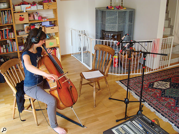 Following a series of test recordings, here's the dual-mic setup Mike settled on to capture some cello overdubs in a medium-sized domestic living room. The mics are Avantone Pro's small-diaphragm CK1 condensers, with their cardioid capsules fitted.