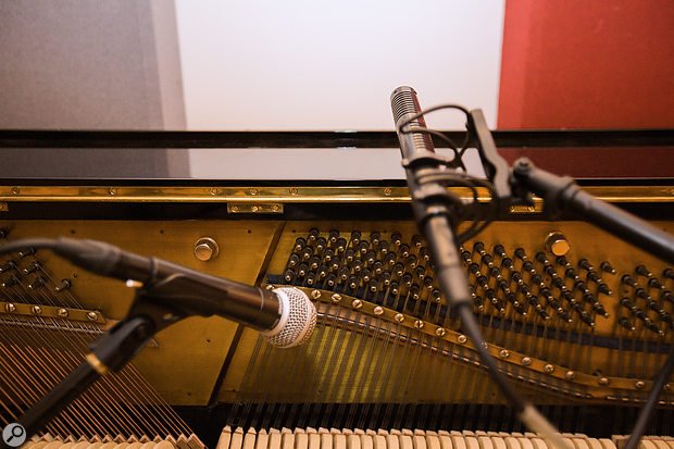 A Royer SF-12 Stereo Mic was used to capture the upright acoustic piano, while an SM58 dynamic mic fed the Leslie speaker.