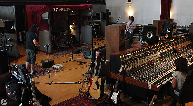 Riley looks on and listens from behind The Church Studio 1’s EMI Neve console, while his Elephant Tree bandmates play through the track. A  key benefit of the open-plan layout is the ease of communication between the engineer and performers.