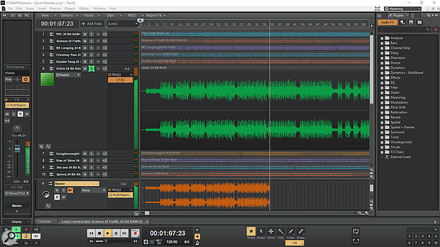 The Mastering Lens applied to the cuts in the Trigger album by Quist. The top part shows the raw cuts, which, after mastering, are bounced to final tracks for comparison to each other and the raw versions.