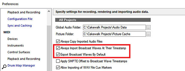 Broadcast WAV Files can be exported and imported with time-stamp data intact, so that they’ll always end up in their original place on the timeline.