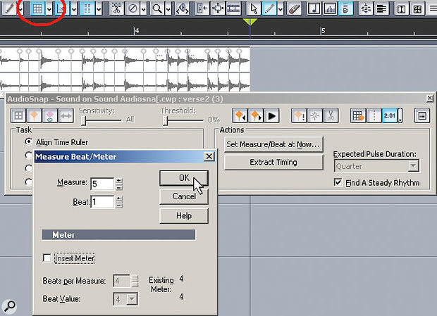 Using Audiosnap to match tempo to a clip. The end of the clip falls between measures four and five. With the Now time set at the end of the clip, we can tell Sonar it should correspond to measure five, beat one. Sonar will adjust the tempo to make this happen.