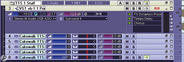 A closer look at Sonar 4's new track folders option. The new TTS1 multitimbral sound module is grouped with a number of individual MIDI tracks that are playing it.