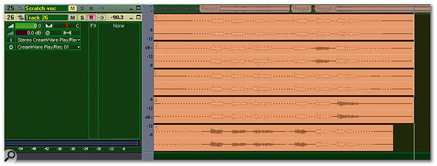 Muted audio is outlined with a dashed line, while unmuted audio is a solid waveform. Although it was mostly the last take that had the best performance, phrases from two other tracks were used as well.