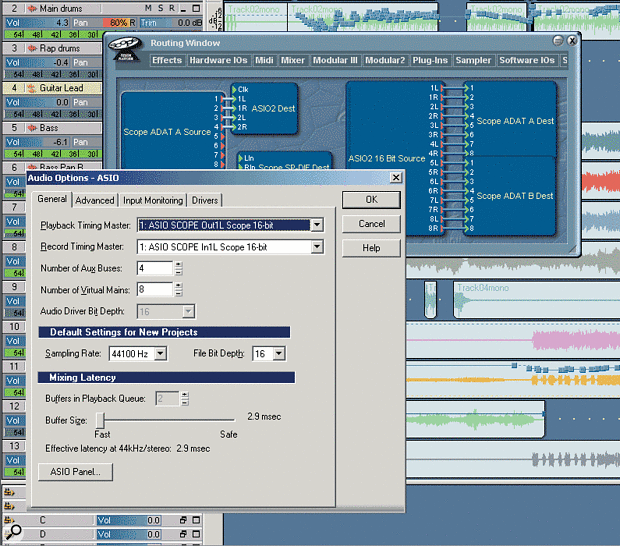 Sonar running with Creamware's Power Pulsar board in ASIO mode. In the background is the routing window, with ASIO 2 drivers chosen for the I/O; WDM drivers are also available, but the ASIO drivers are somewhat more mature. Note the effective latency of 2.9ms.