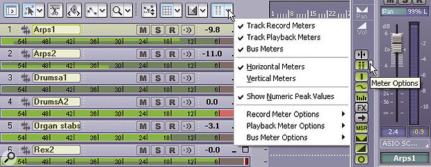 Horizontal meters have been chosen for the Track view, and set to a resolution of 60dB. The right section shows where to find the Meter Options menu in the Console View.