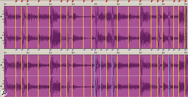 The top waveform shows Sonar's original 'guesstimate' of where markers should fall in one of the loops. These markers have been highlighted in yellow to make them clearer to see. The optimised waveform on the bottom shows the markers added in beats five and eight (coloured in light blue) that define additional transients; it's important to set markers at all transients for proper stretching.