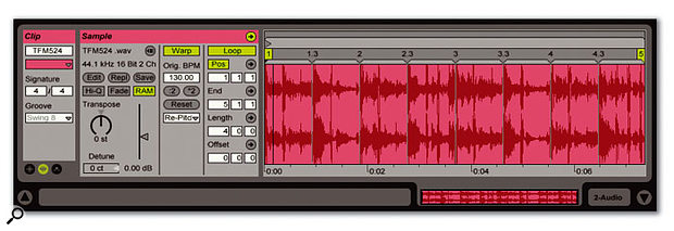 Live's Sample area for the loop created in Sonar. Note that Fade is turned off because fading was already done in Sonar, RAM is turned on to minimise hard disk access, and Re-pitch is selected as the 'warping' algorithm because it gives the cleanest sound quality for a loop running at its native tempo.