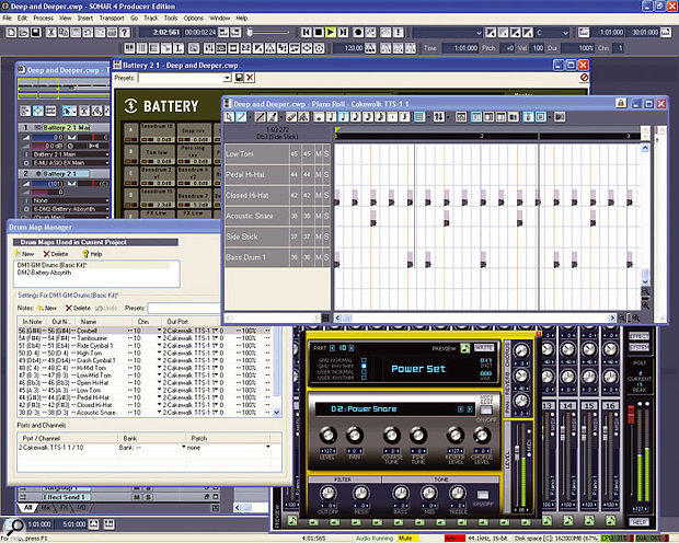 Sonar's drum-programming features, centred around the Drum Grid (top right) and the Drum Map Manager (bottom left) are well worth investigating.