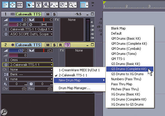 A complete GS Drum Map is being selected, which drives a GS drum kit within the TTS1. The other maps are provided with Sonar 4.