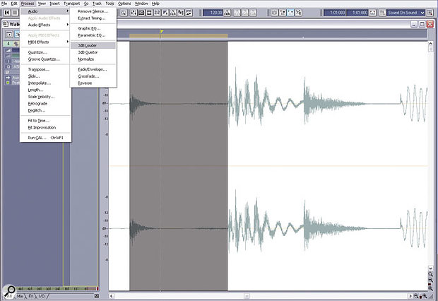 A track has been selected to be the only one shown. Here, the level of a hi-hat part from a drum loop is about to be increased by 3dB.