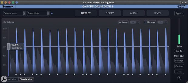The Detect page will look familiar to existing users of Drum Gate — but its Classify view now gives an assessment of the algorithm’s confidence that it has correctly identified each hit.