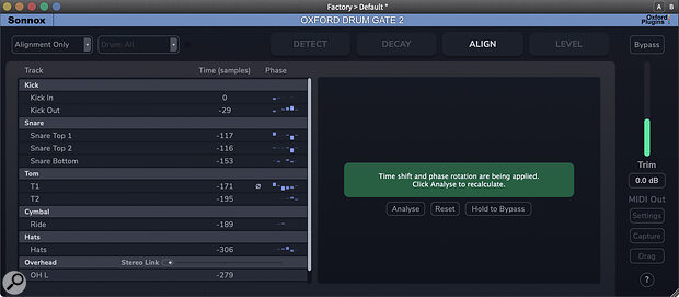 Drum Gate 2 introduces the ability to automatically optimise polarity, delay and phase rotation of multiple drum mic channels.