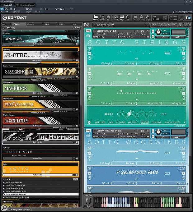 Sotto Strings and Woodwind loaded up in Kontakt 5 ready to be played simultaneously. The graphic score fields in each depict the loaded samples, although there are also more exact coded references (like ‘E9 high’) to what you have loaded.