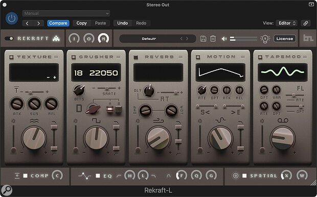 BeatSkillz Rekraft was deployed on the master bus to impose a little more lo‑fi character on the beat, in the form of bit‑crushing, and a touch of reverb and tape wobble.