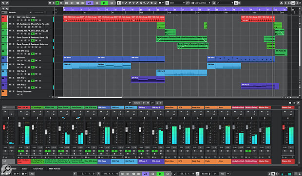 The finished cue within Cubase 15 LE, combining six SMP instances, a compact selection of samples from the SOSFA catalogue, and an equally compact selection of effects plug‑ins for compression, EQ, saturation, reverb and delay.