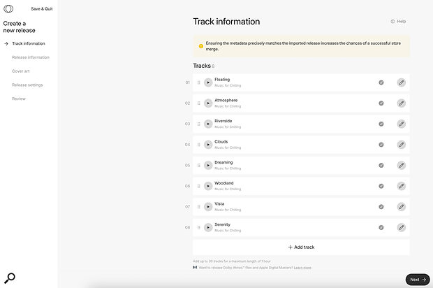 Five tabbed pages make it easy to create a new release, and the first is the Track Information page.