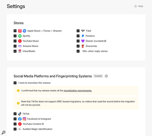 The Settings page is where you specify which stores and services will list your music — you can specify the main ones individually, and well over 100 smaller ones collectively.