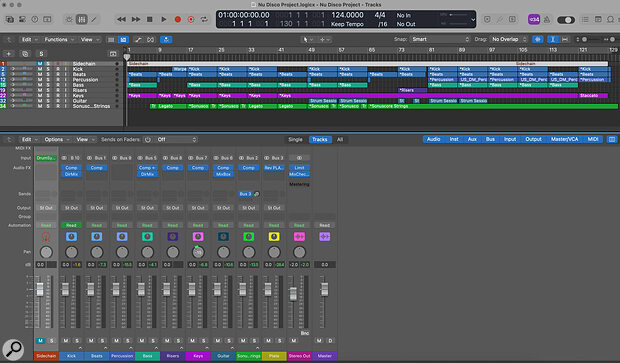 All those tracks were brought down to a handful of groups when mixing, so composite layered sounds could be treated as one.