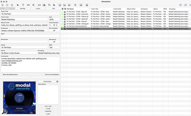 ...and you can then manage it in a third‑party app such as Metadatics. Note that you’ll need metadata for each version you release, including any stems intended for sync.