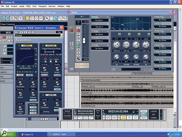 Although the overhead drum mics sounded good, the snare and kick close-mic signals had been badly recorded, and needed some heavy processing to salvage something usable — here you can see the settings used.