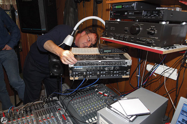 Peter's host-based reverb processing was letting his mix down, so Hugh suggested that he should plumb his Alesis Midiverb into the system, fed from an output of the computer's audio interface and returned to the mix via the  Allen & Heath analogue mixer.