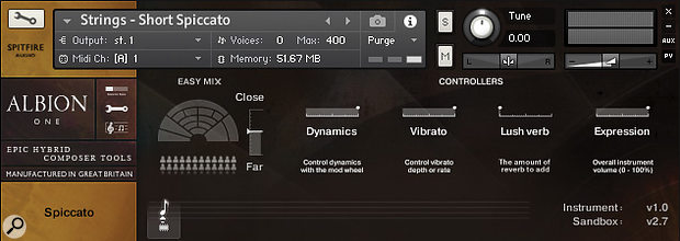 Albion One’s basic Overview panel shows the currently loaded articulations with a simplified close/far mic position fader and five controller sliders.