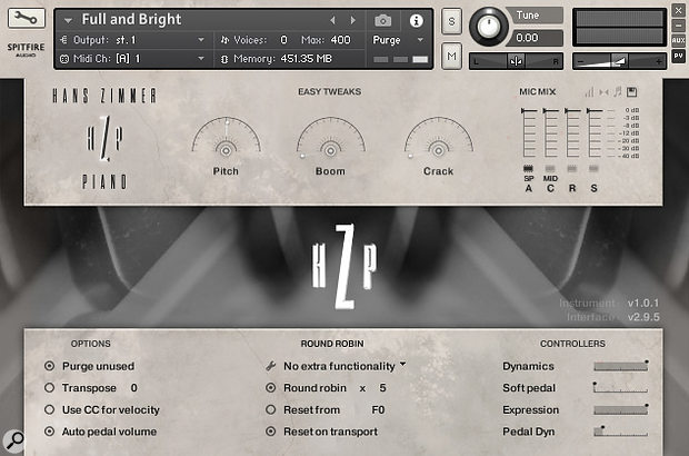 The Hans Zimmer Kontakt GUI includes a four-way mic mixer, a soft pedal control, low-pass and high-pass filters and a pitch dial for extreme detuning.