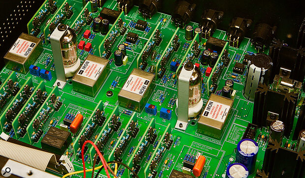 Valves, transformers and, on the vertical daughter boards, lots of SPL’s custom discrete 120V op‑amps.